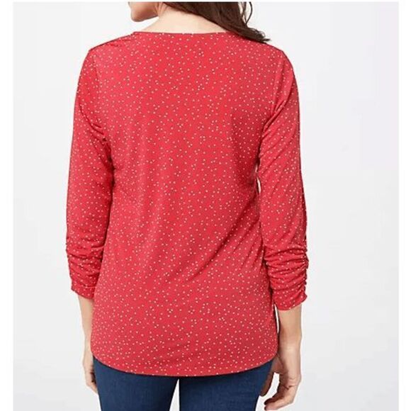 Susan Graver Women Large Printed Liquid Knit Button Shirt Red V Neck NWOT) - Picture 2 of 4